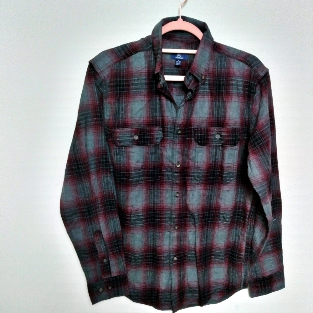 George Gray and Burgundy Plaid Flannel Button Down Shirt Size Small - Picture 2 of 11
